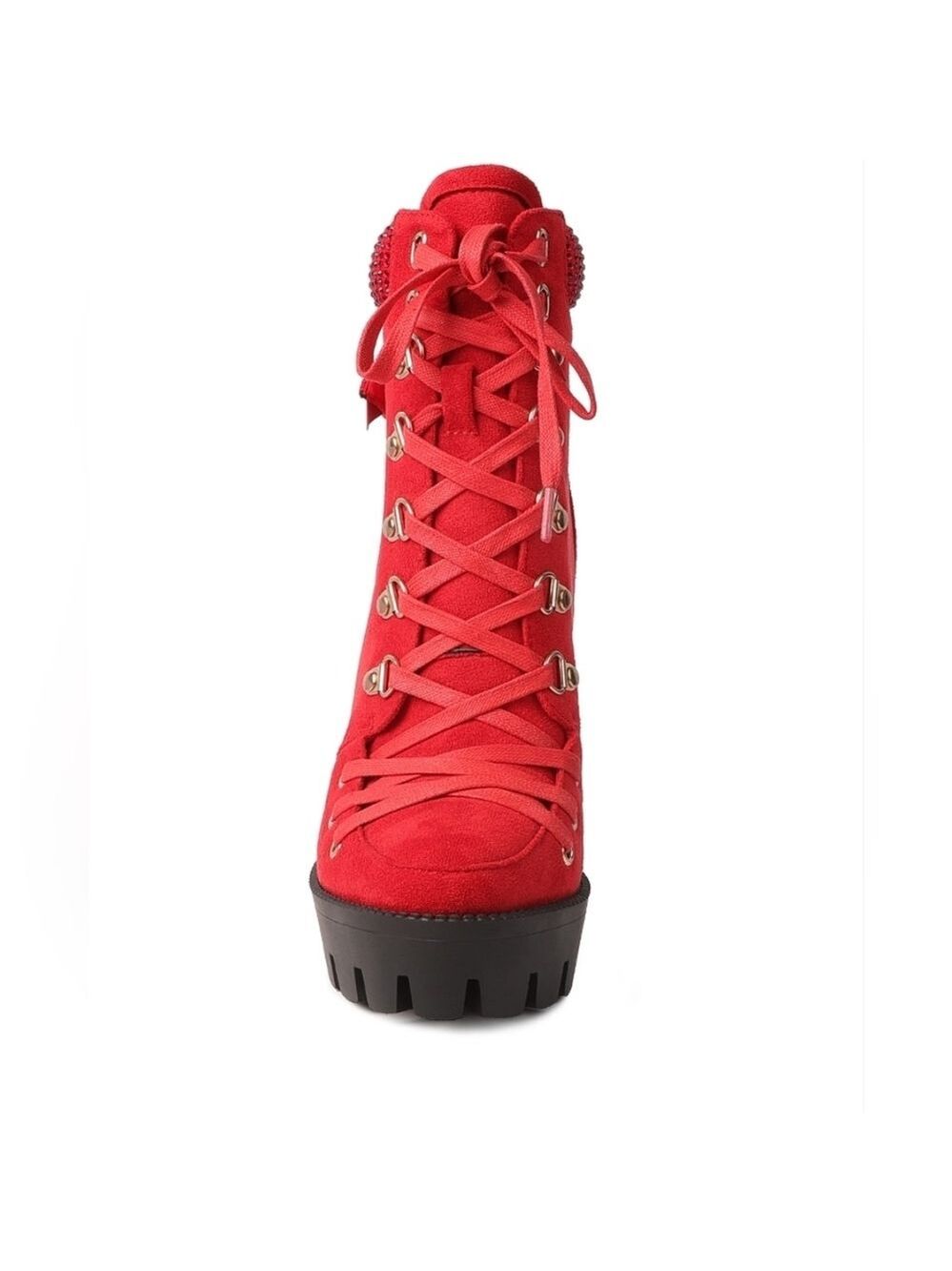 Red Lace-Up Platform Birch Diamante Block Heeled Ankle Boots Womens 8 - Picture 5 of 5